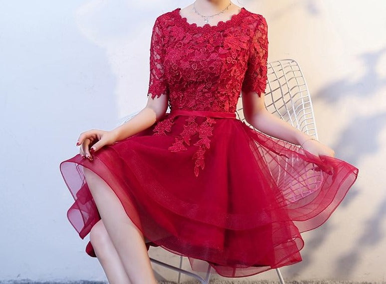burgundy red lace appliques knee length hi low formal prom dress – Anna's  Couture Dresses