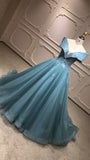 Off shoulder dusty blue crystals beaded prom ball gown - Anna's Couture Dresses