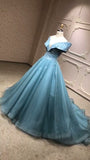 Off shoulder dusty blue crystals beaded prom ball gown - Anna's Couture Dresses