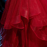 Red spaghetti straps v neck tulle ruffle puffy skirt prom dress 2021