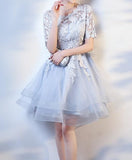 Smoke gray lace appliques knee length formal prom dress