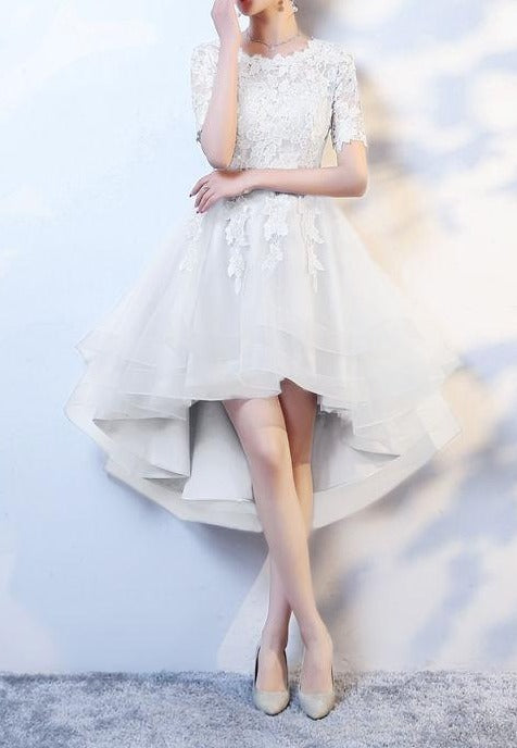 Ivory white lace appliques knee length hi low formal prom dress – Anna's  Couture Dresses