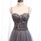 Spaghetti straps darker gray sequins crystals beaded tulle prom dress
