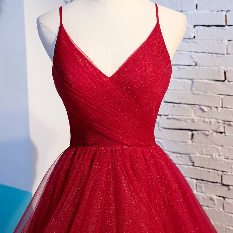 Red spaghetti straps v neck tulle ruffle puffy skirt prom dress 2021 –  Anna's Couture Dresses
