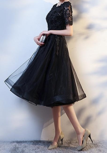 Black lace appliques knee length formal prom dress Anna's Couture Dresses Black lace appliques knee length formal prom dress Anna's Couture Dresses