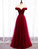 red off shoulder velvet  tulle prom dress