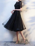 Black lace appliques knee length formal prom dress