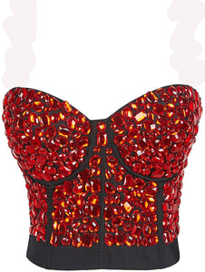 Red crystals beaded black satin corset bustier top