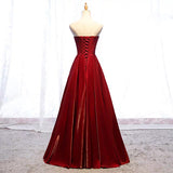 burgundy red corset strapless shimmer matte satin formal prom dress 2021