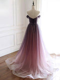 Purple pink v neck off shoulder tulle gradient prom dress - Anna's Couture Dresses