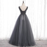 Darker gray corset sequins crystals beaded v neck tulle prom dress
