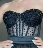 Black pearls crystals beaded sheer tulle corset bustier top