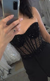 Black pearls crystals beaded sheer tulle corset bustier top