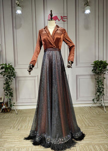 Long sleeves brown black mother of the bride dress with feather - Anna's Couture Dresses