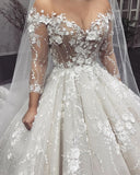 Long sleeves 3D lace flowers all pearls beaded ball gown wedding dresses 2020