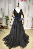 V neck black prom tulle sequins flowers beaded dresses 2020 - Anna's Couture Dresses
