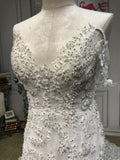 Spaghetti off shoulder lace appliques crystals rhinestones pearls beaded mermaid fit and flare wedding dress 2024