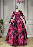 Long sleeves black and pink jacquard puffy skirt prom dress 2020 - Anna's Couture Dresses