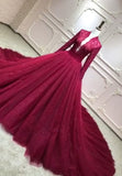 Long sleeves eyelash lace tulle bodice deep v neck puffy skirt red burgundy prom wedding dress 2020