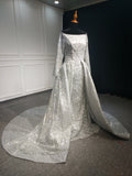 off shoulder sliver gray long sleeves prom dresses with removable train - Anna's Couture Dresses