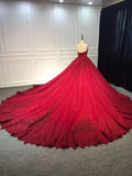 Strapless dark red ball gown lace appliques pearls crystals sequins beaded wedding dresses - Anna's Couture Dresses