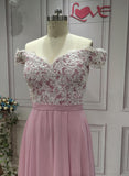 Off shoulder lace appliques top chiffon skirt dusty pink bridesmaid dresses 2019 best seller - Anna's Couture Dresses