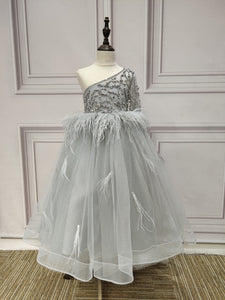 One shoulder sliver rhinestones crystals beaded little flower girl ball dress 2020 - Anna's Couture Dresses