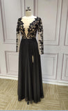 Long sleeves sexy v neck black lace appliques slit front chiffon bridesmaid dresses - Anna's Couture Dresses