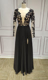 Long sleeves sexy v neck black lace appliques slit front chiffon bridesmaid dresses - Anna's Couture Dresses