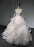 long sleeves pale pink lace appliques ruffle skirt wedding dress