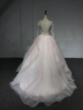 Ivory white lace appliques pale pink long sleeves sexy backless wedding dress