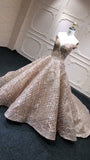 Off shoulder rose gold glitter fabric sparking ball gown prom dress