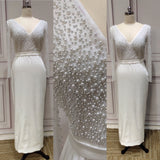 Long sleeves pearls beaded bodycon ivory prom wedding dresses - Anna's Couture Dresses