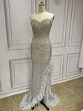 One shoulder sliver crystals rhinestones beaded mermaid slit sexy gray feather prom dresses - Anna's Couture Dresses