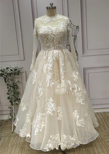 Ready made cream vintage lace appliques long sleeves tea length receiption wedding dresses - Anna's Couture Dresses