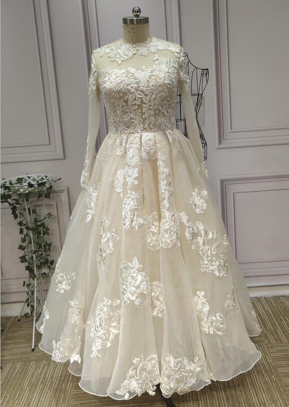 Ready made cream vintage lace appliques long sleeves tea length receip Anna's Couture Dresses Ready made cream vintage lace appliques long sleeves tea length receip Anna's Couture Dresses