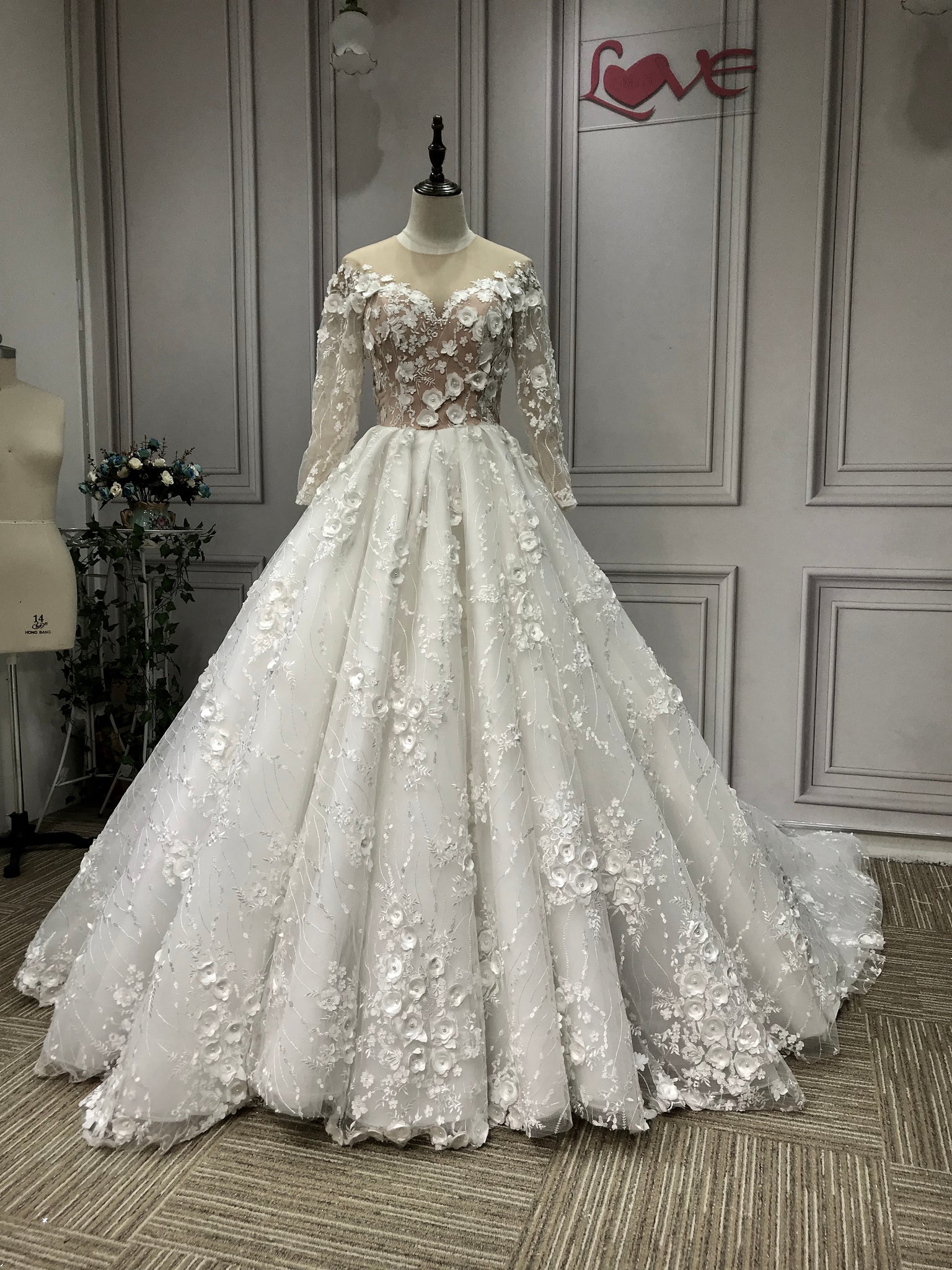 White Off the Shoulder Ball Gown Celebrity wedding Dress with Long Sleeves
