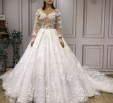 Long sleeves 3D lace flowers all pearls beaded ball gown wedding dresses 2020 - Anna's Couture Dresses