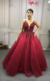 Spaghetti lace appliques crystals pearls beaded dark red burgundy ball gown prom dress - Anna's Couture Dresses