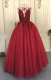 Spaghetti lace appliques crystals pearls beaded dark red burgundy ball gown prom dress - Anna's Couture Dresses