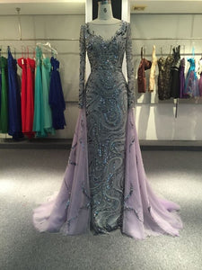 Purple long sleeves mermaid prom dresses with removable train sliver crystals rhinestones - Anna's Couture Dresses