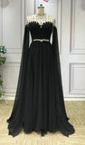 Muslim girls best long cape sleeves black chiffon prom dresses sliver rhinestones beaded - Anna's Couture Dresses