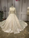 High collar long sleeves crystals pearls heavy beaded ball bridal wedding gown