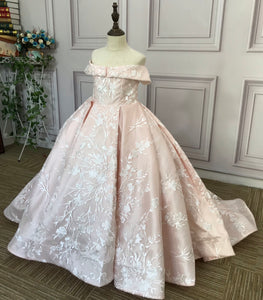 Pink trees and flowers shape lace flower little girl dresses - Anna's Couture Dresses