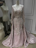 Luxurious crystals pearls rhinestones handmade beaded sparking long sleeves dusty pink dresses 2020