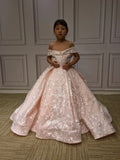 Off shoulder baby pink lace puffy flower girl dresses 2020