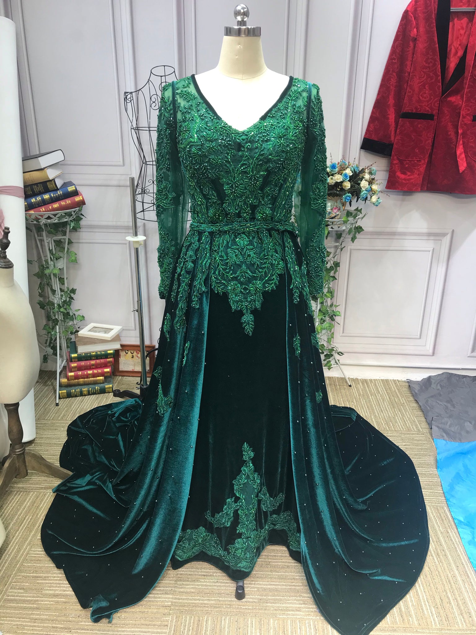 Long sleeves lace appliqus velvet emerald green prom dresses removabl Anna's Couture Dresses Long sleeves lace appliqus velvet emerald green prom dresses removabl Anna's Couture Dresses