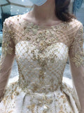 Long sleeves lace appliqués champagne gold crystals rhinestones handmade beaded removable wedding gown