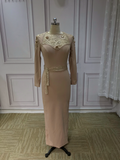 Chic champagne nude lace appliques beaded muslim semi formal graduation prom maxi dresses mother of the bride dress 2024#112213