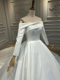 Vintage off shoulder long sleeves matte satin wedding dress 2020